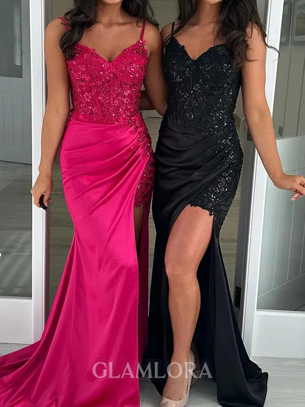 Glam Sheath V-Neck Appliques Lace Sweep Train Silk Like Satin Corset Dress
