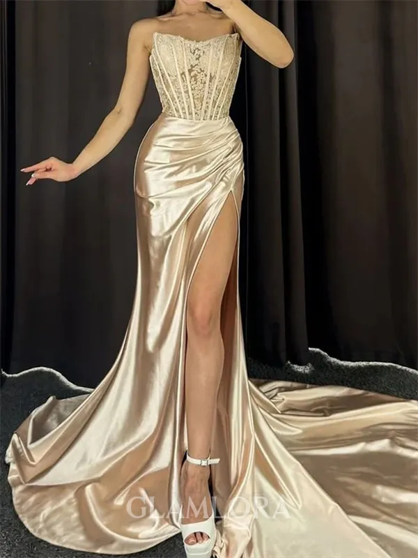 Trendy Sheath Straight Appliques Lace Chapel Train Silk Like Satin Corset Dress
