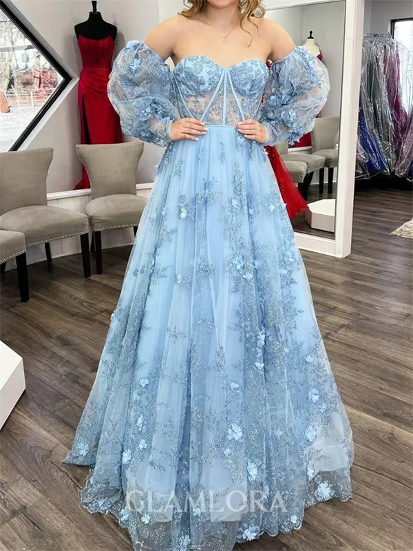 Splendiferous A-line Sweetheart Long Sleeves Appliques Lace Sweep Train Lace Corset Dress