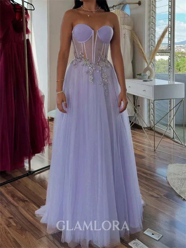 Fashion-forward A-line Sweetheart Appliques Lace Sweep Train Tulle Corset Dress