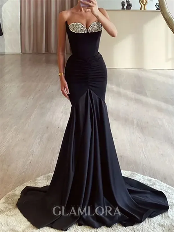 Trendy Sheath Sweetheart Rhinestone Sweep Train Satin Dress