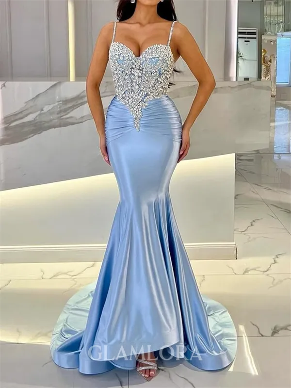 Opulent Sheath Spaghetti Straps Rhinestone Court Train Corset Dress