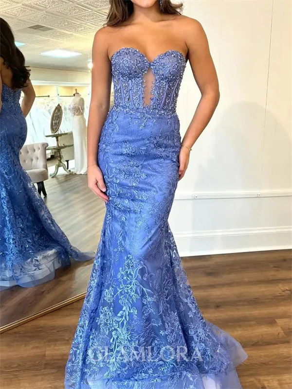 Glam Sheath Sweetheart Appliques Lace Sweep Train Tulle Corset Dress