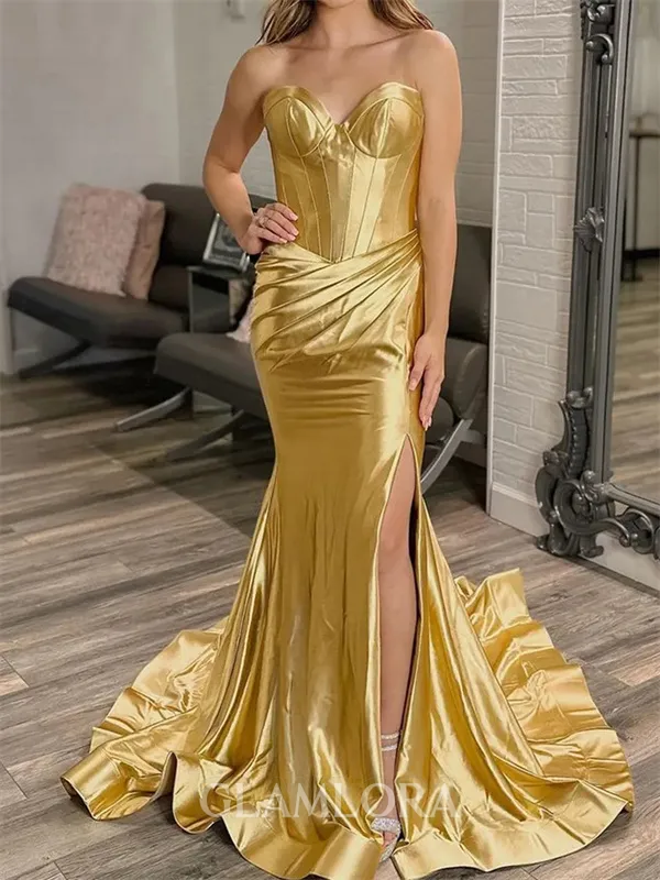 Pretty Sheath Sweetheart Pleated Court Train Silk Like Satin Corset Dress