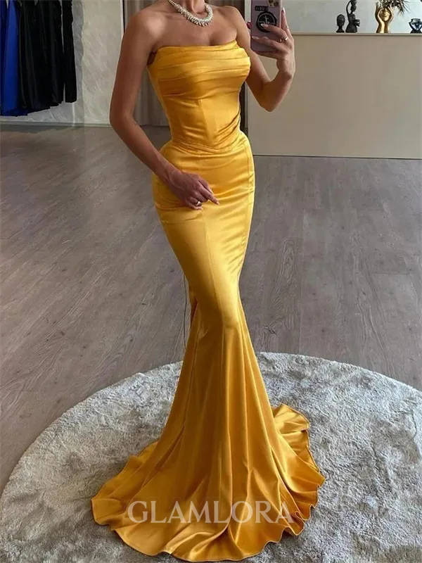 Exquisite Sheath Straight Pleated Sweep Train Silk Like Satin Dress