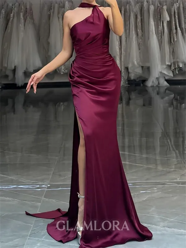 Grand Sheath Halter Pleated Sweep Train Silk Like Satin Dress