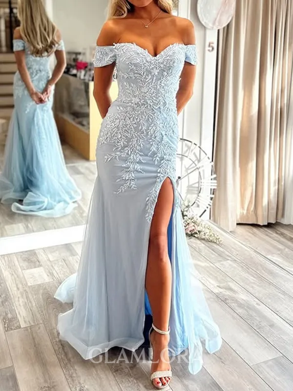 Fashion Sheath Off-the-Shoulder Appliques Lace Sweep Train Tulle Dress