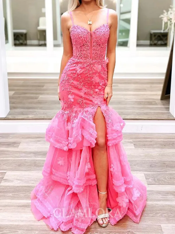 Graceful Sheath Spaghetti Straps Appliques Lace Sweep Train Tulle Corset Dress