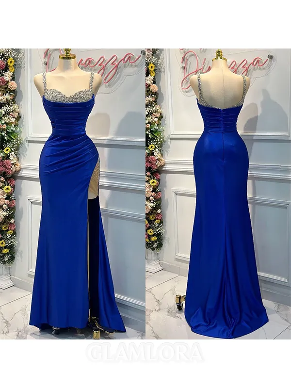 Perfect Sheath Straps Pleated Sweep Train Silk Like Satin Dress