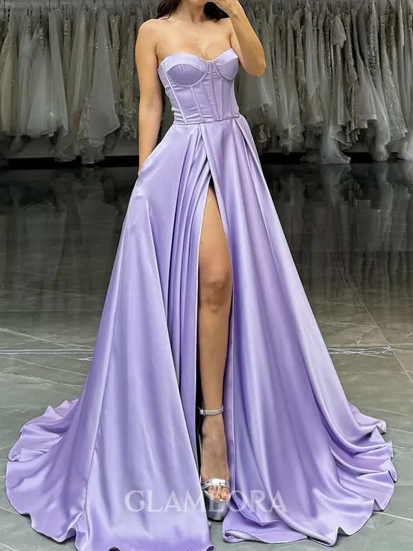 Fashion A-line Sweetheart Ruffles Sweep Train Satin Corset Dress
