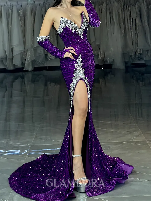 Charming Sheath V-Neck Long Sleeves Rhinestone Court Train Velvet Sequins Dress