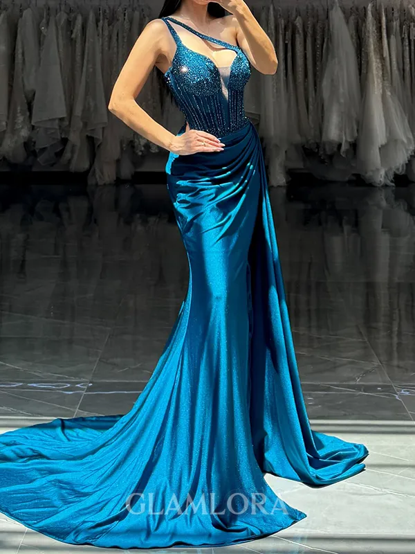 Hot Sheath One-Shoulder Beading Court Train Corset Dress