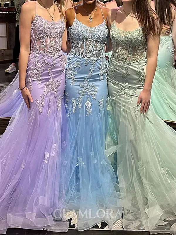 Luxurious Mermaid Spaghetti Straps Appliques Lace Court Train Tulle Corset Dress