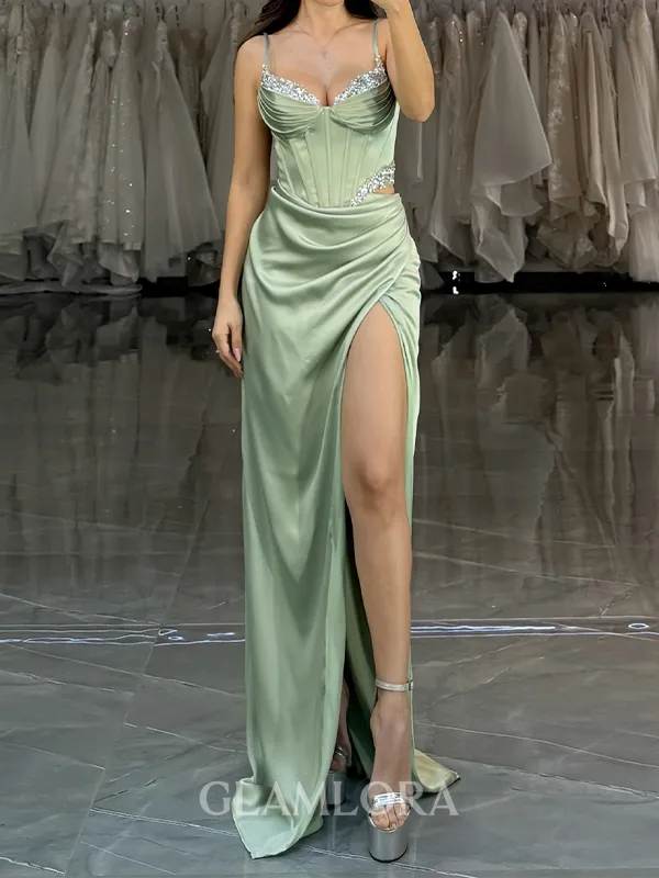 Hermosos Sheath Sweetheart Pleated Sweep Train Silk Like Satin Corset Dress