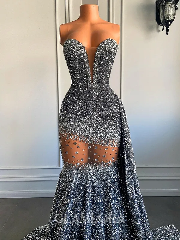 Captivating Sheath Sweetheart Rhinestone Court Train Dress