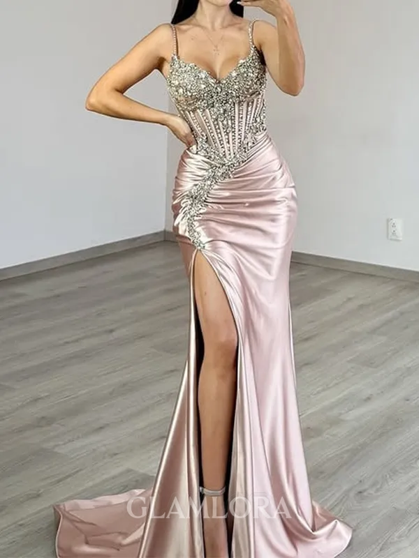 Gorgeous Sheath V-Neck Rhinestone Sweep Train Silk Like Satin Corset Dress