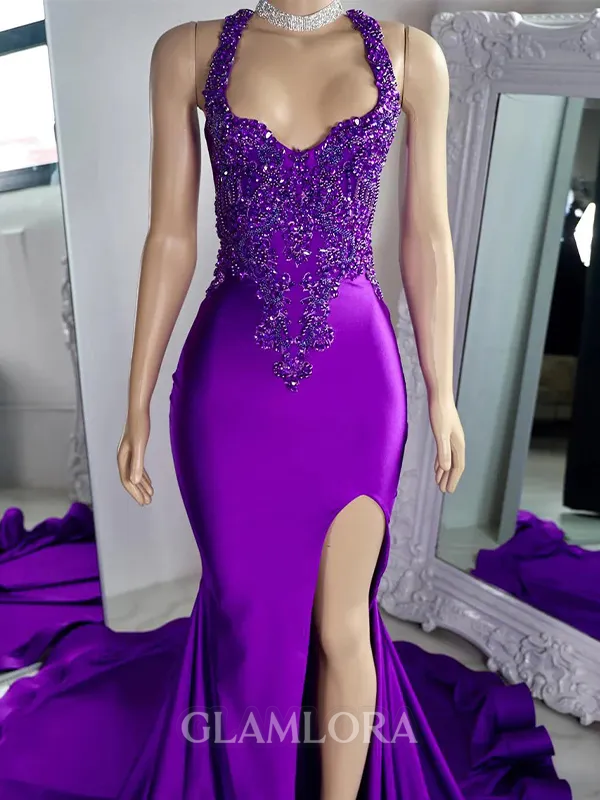 Magnificent Sheath Halter Appliques Lace Chapel Train Silk like Satin Dress