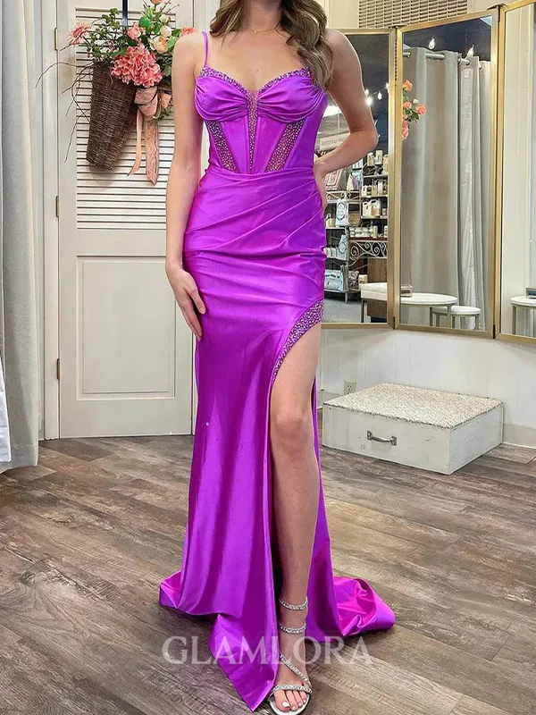 Hermosos Sheath Sweetheart Pleated Sweep Train Silk Like Satin Dress