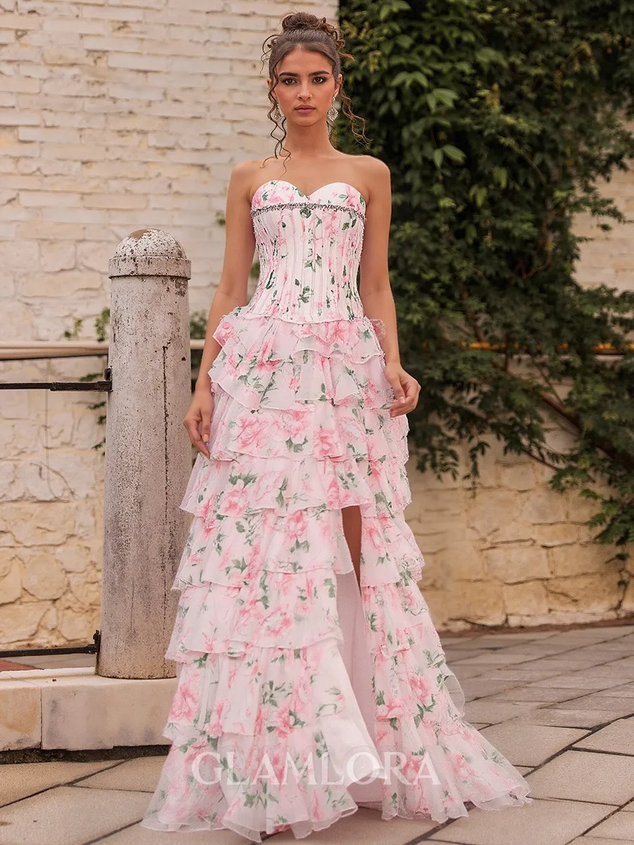 Splendid A-Line Sweetheart Cascading Ruffles Sweep Train Corset Prom Dress