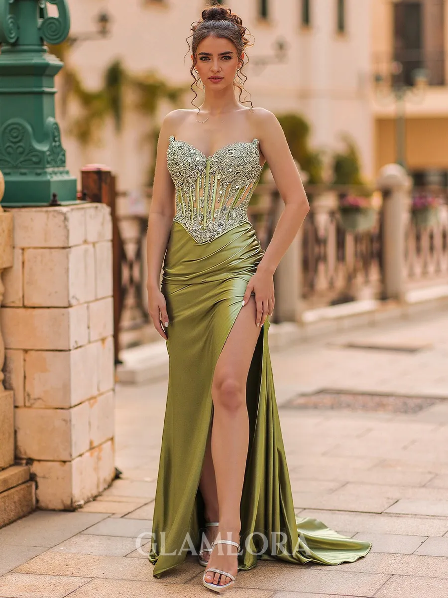 Unforgettable Sheath Sweetheart Appliques Lace Sweep Train Silk Like Satin Corset Prom Dress