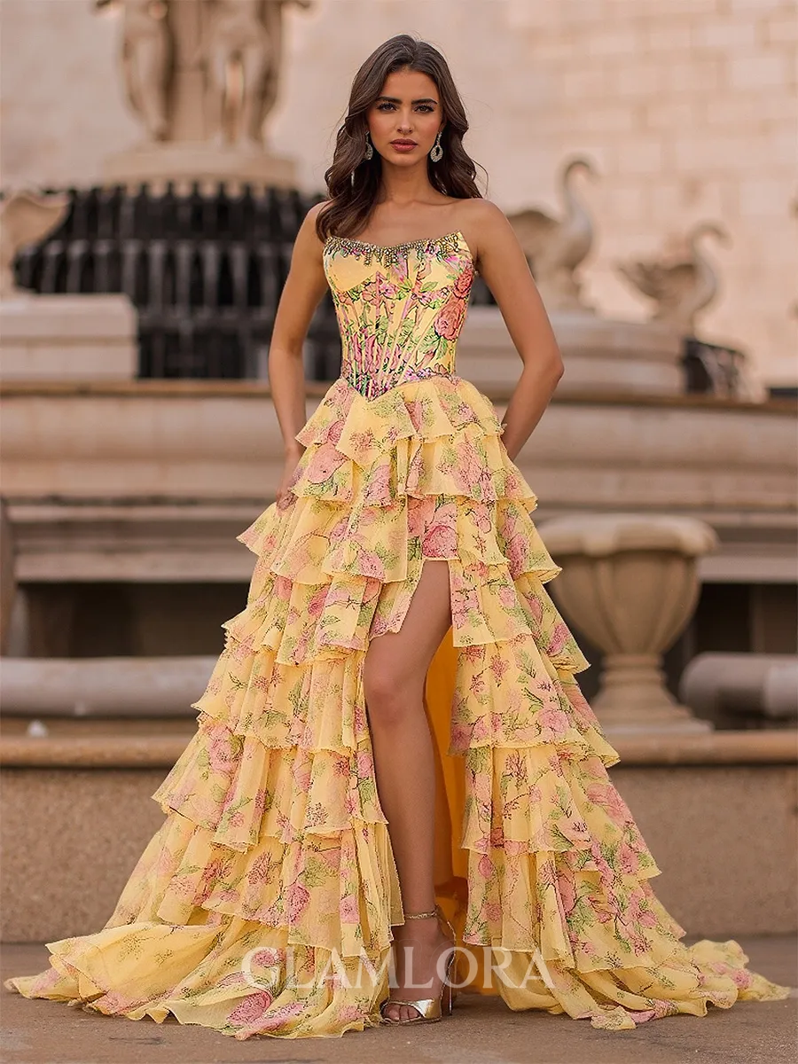Perfect A-Line Straight Cascading Ruffles Sweep Train Corset Prom Dress