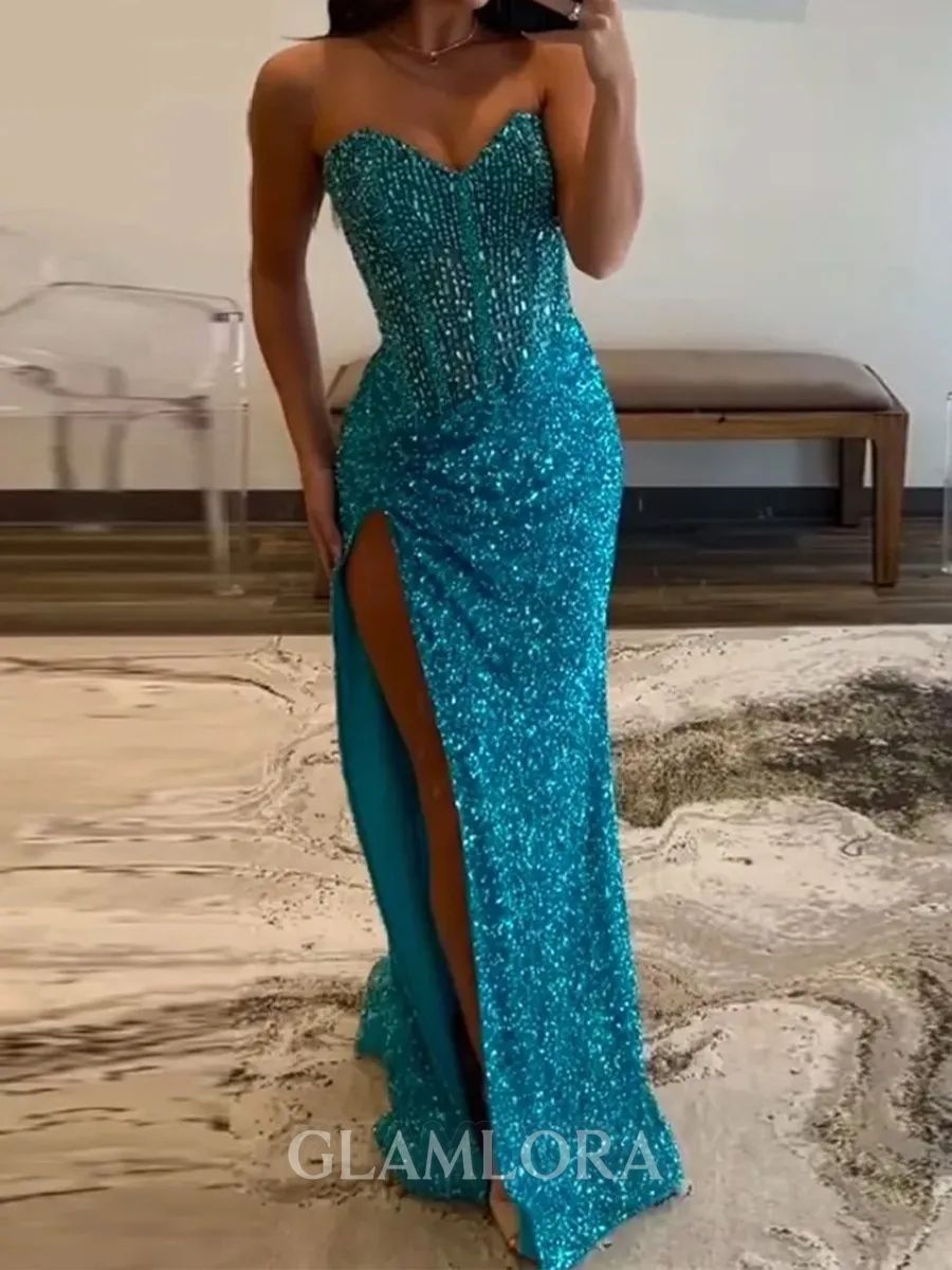 Elegant Sheath Sweetheart Pleated Sweep Train Sequins Prom Dress