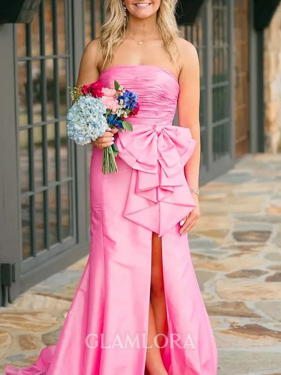 Stunning Sheath Straight Bow Sweep Train Taffeta Prom Dress