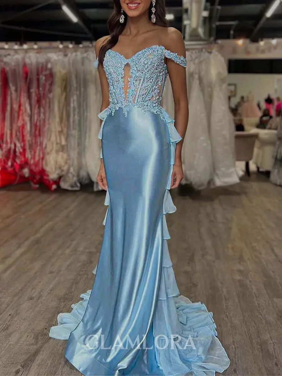 Grand Sheath Off-The-Shoulder Appliques Lace Sweep Train Silk Like Satin Corset Prom Dress