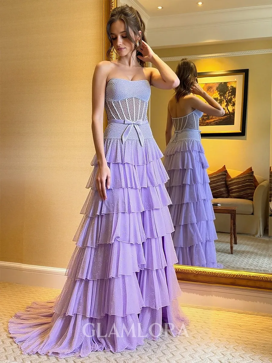 Glam A-Line Straight Cascading Ruffles Sweep Train Corset Prom Dress