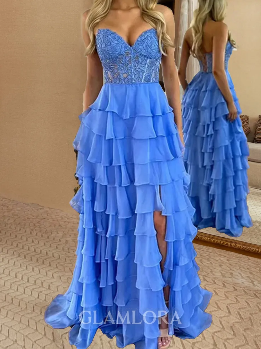 Graceful A-Line Sweetheart Cascading Ruffles Sweep Train Chiffon Corset Prom Dress