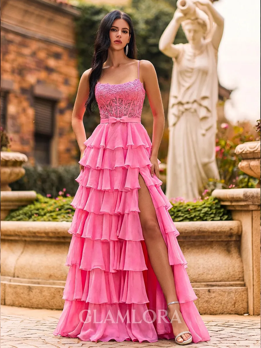 Glamorous A-Line Spaghetti Straps Cascading Ruffles Sweep Train Chiffon Corset Prom Dress