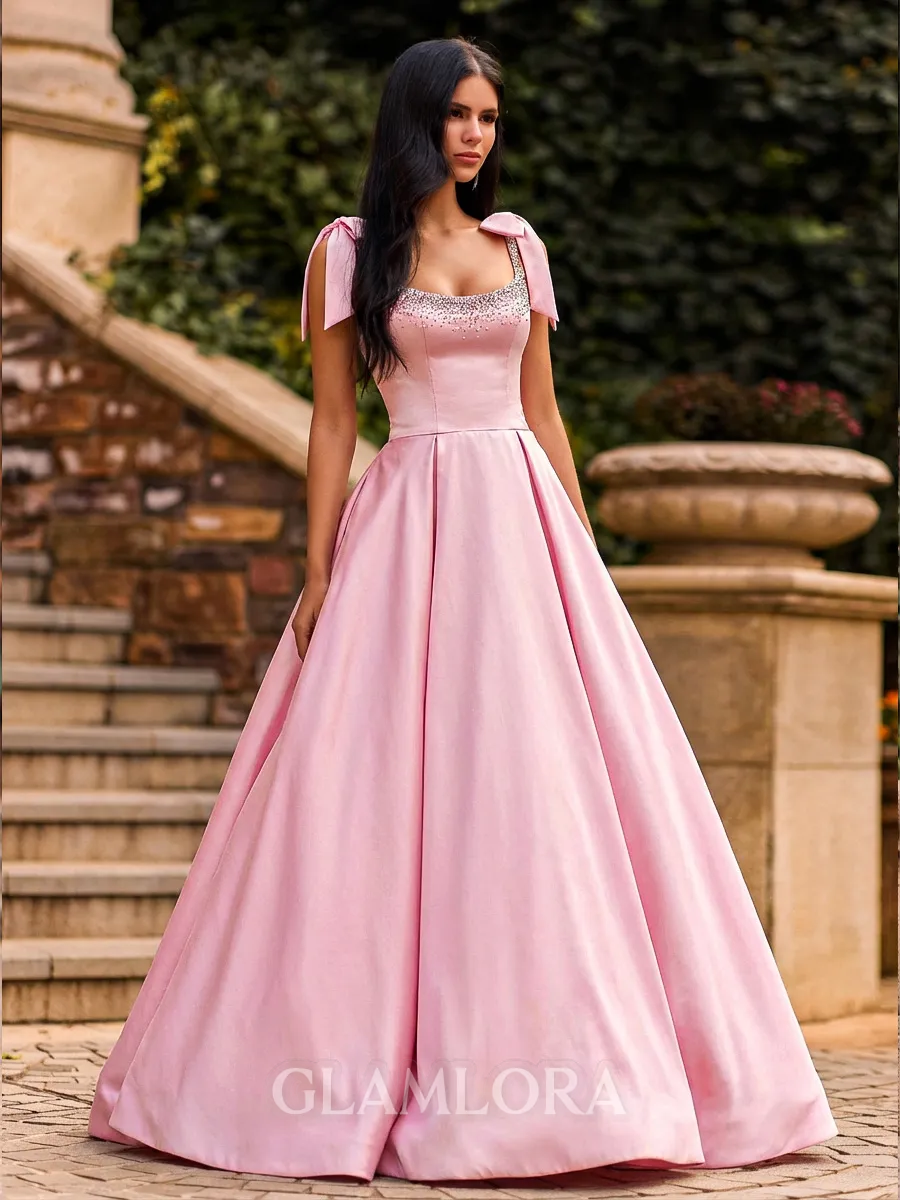 Stunning A-Line Straps Bow Sweep Train Satin Corset Prom Dress