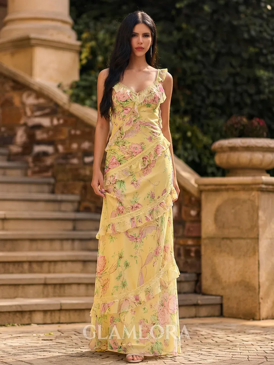 Flattering Sheath Straps Cascading Ruffles Floor-Length Corset Prom Dress