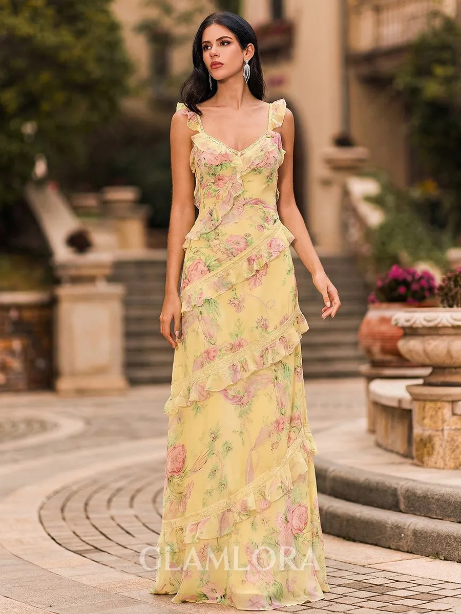 Stunning Sheath Straps Ruffles Floor-Length Chiffon Prom Dress