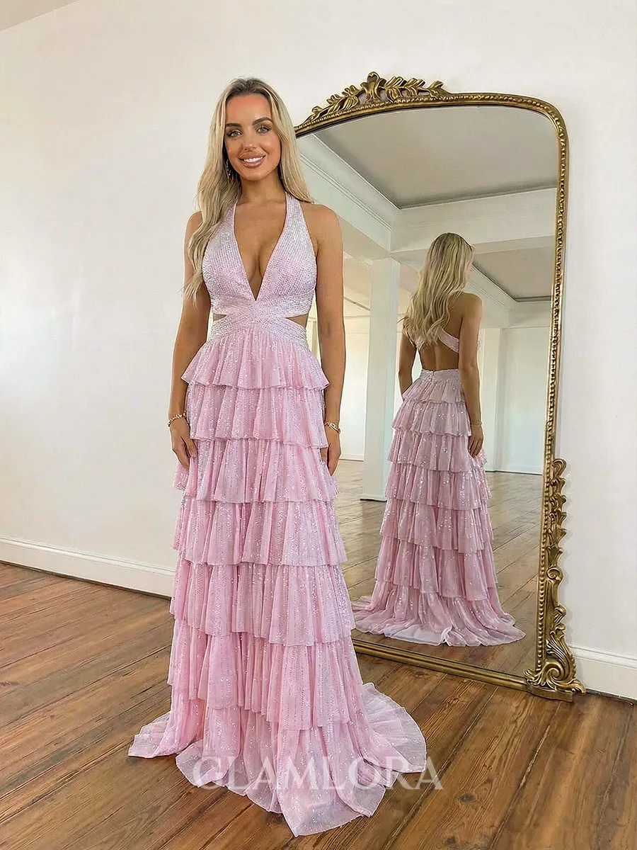 Captivating A-Line Halter Cascading Ruffles Sweep Train Prom Dress