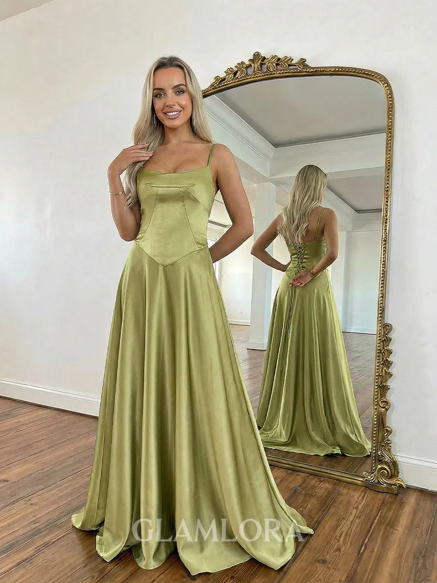 Aristocratic A-Line Spaghetti Straps Sweep Train Satin Corset Prom Dress