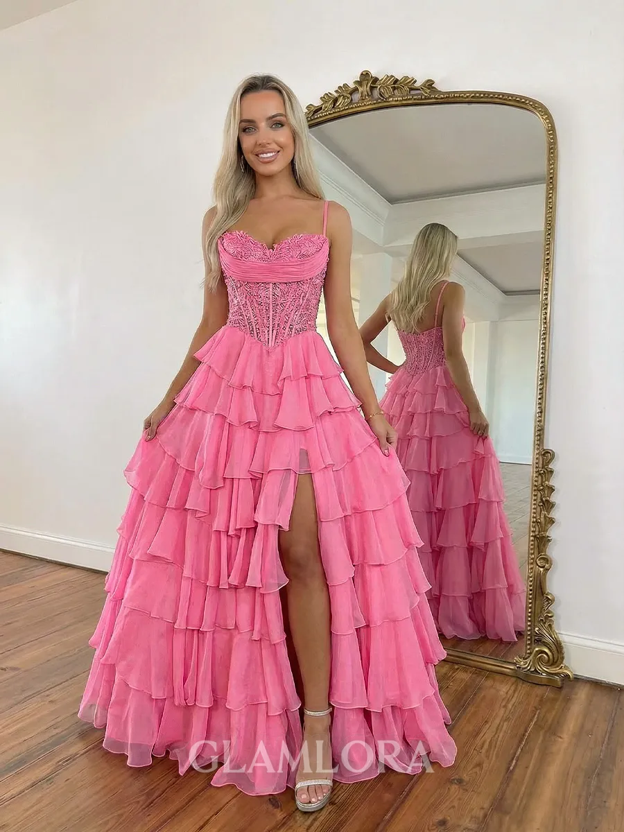 Magnificent A-Line Spaghetti Straps Cascading Ruffles Sweep Train Chiffon Corset Prom Dress