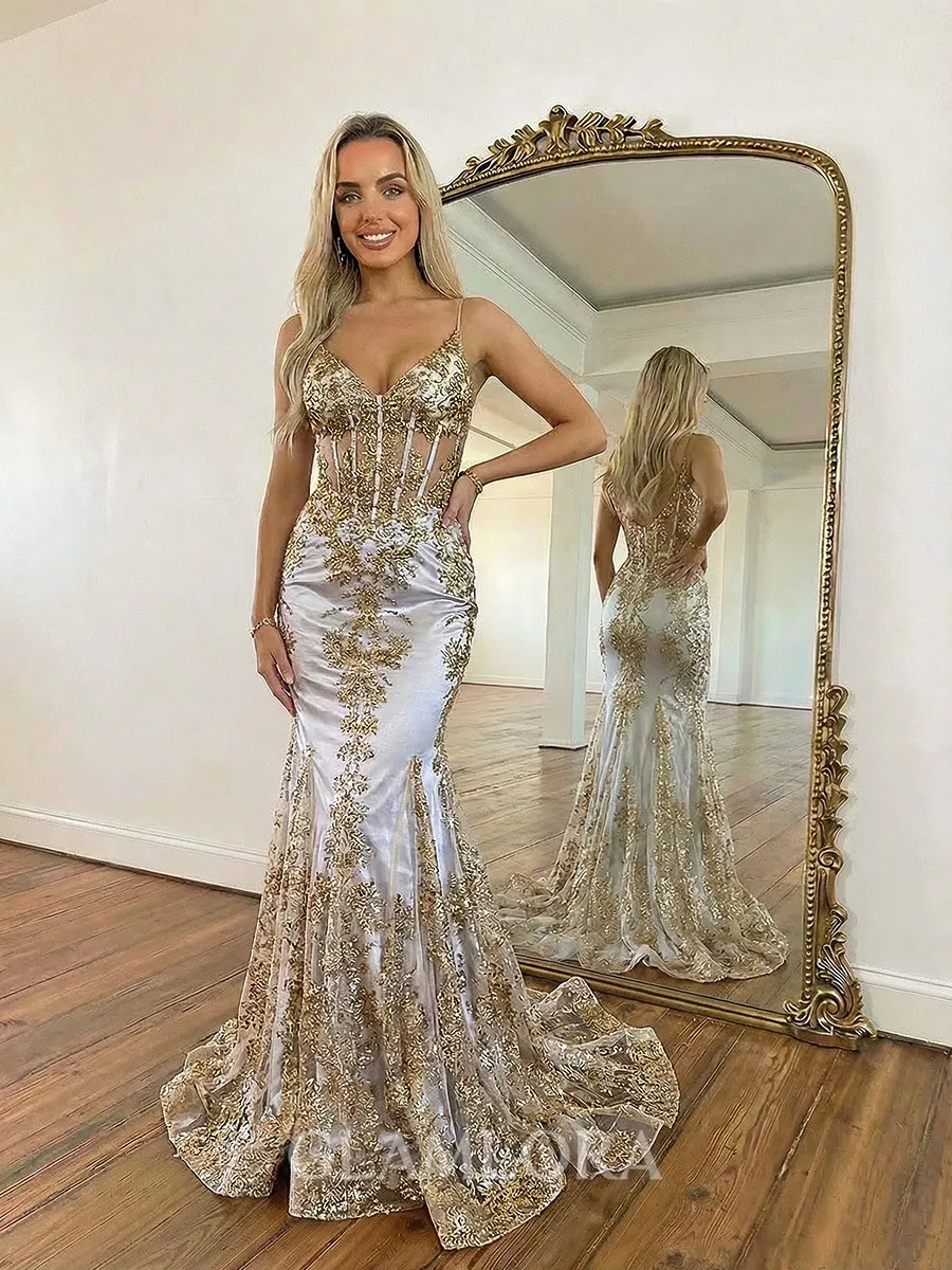 Classy Mermaid Spaghetti Straps Appliques Lace Sweep Train Lace Corset Prom Dress