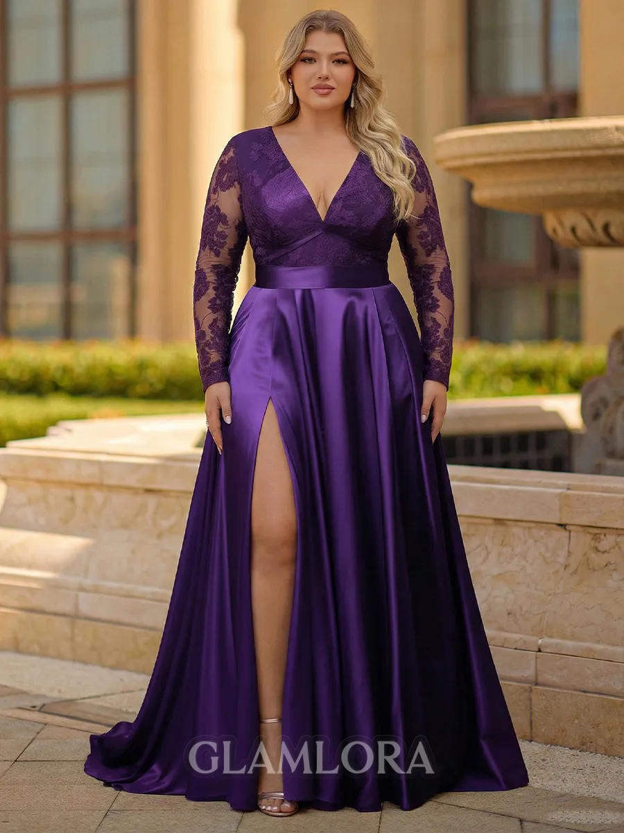 Pretty A-Line V-Neck Appliques Lace Sweep Train Satin Corset Prom Dress