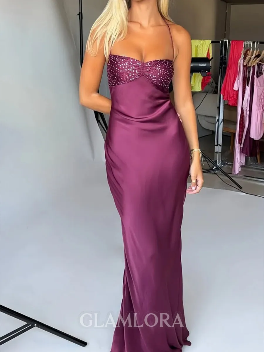 Unforgettable Sheath Halter Sequin Floor-Length Silk Like Satin Prom Dress