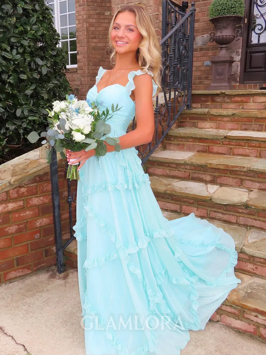 Luxurious A-Line Straps Ruffles Sweep Train Chiffon Prom Dress