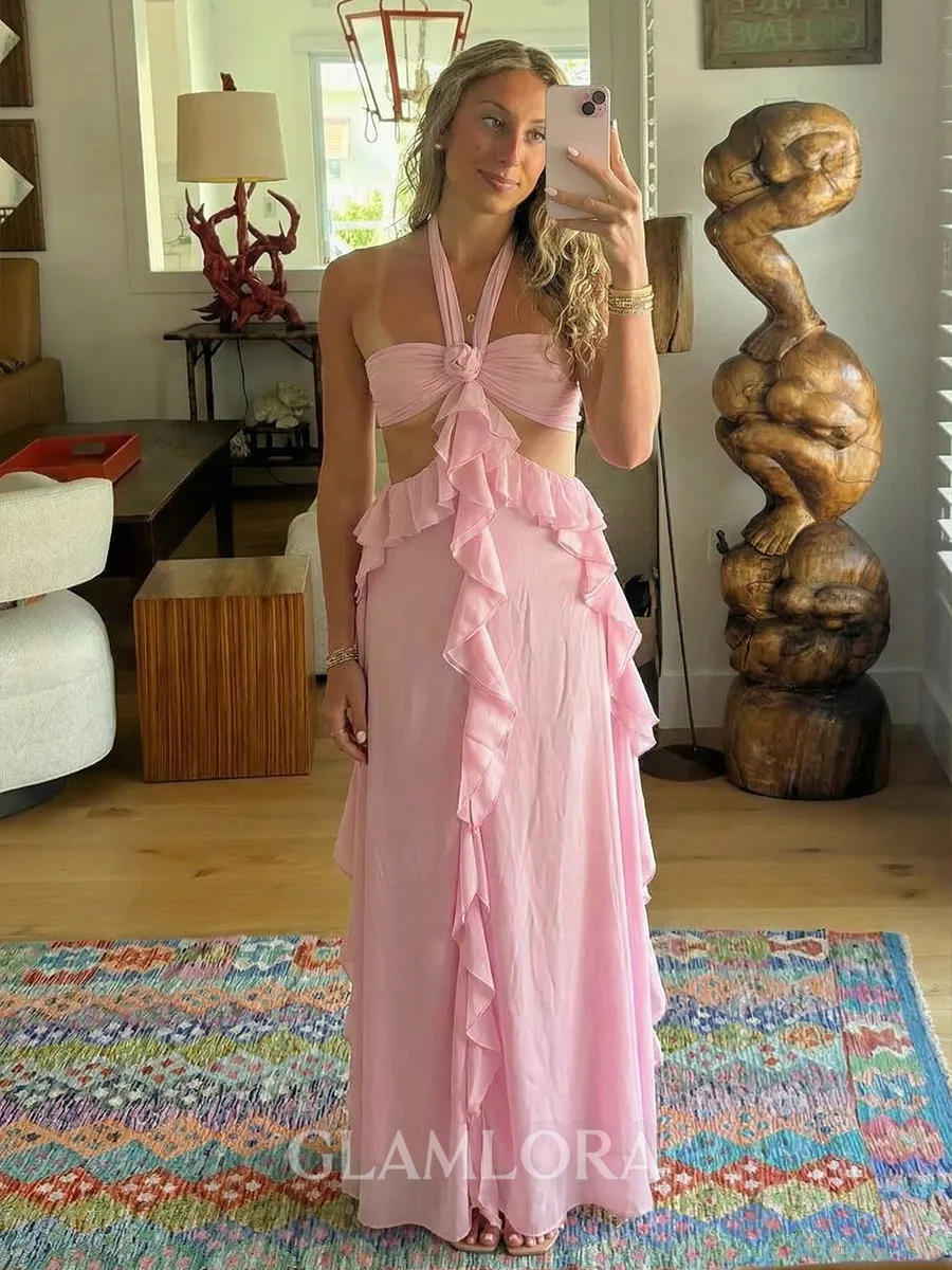 Mesmerizing A-Line Halter Ruffles Floor-Length Chiffon Prom Dress