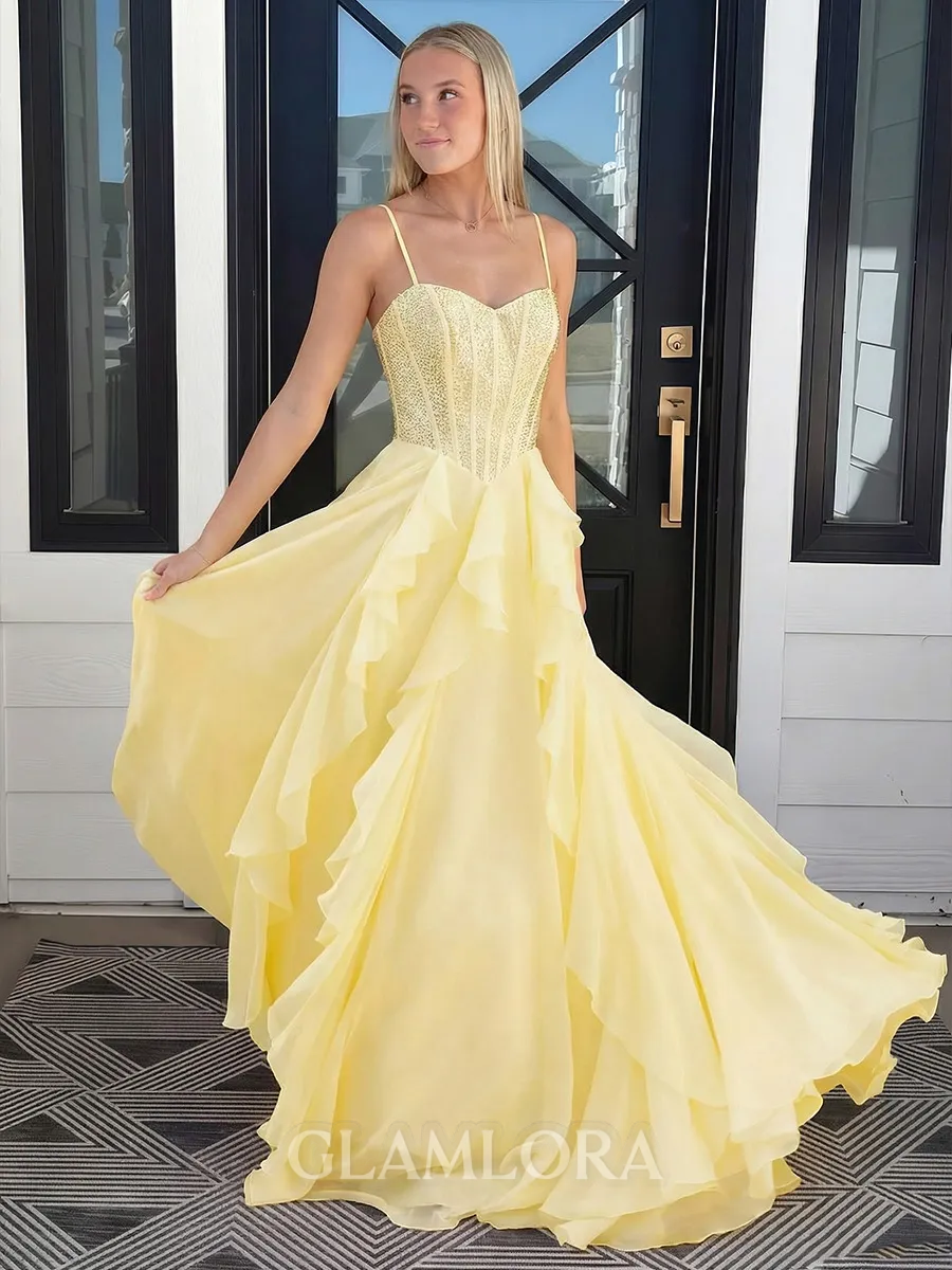 Striking A-Line Spaghetti Straps Sequin Sweep Train Chiffon Corset Prom Dress