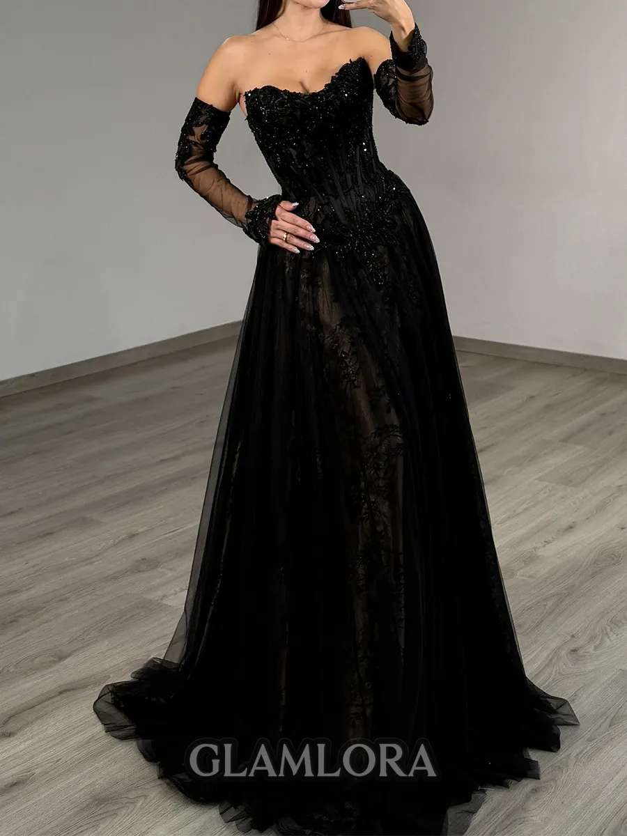 Hot A-line Straight Long Sleeves Appliques Lace Sweep Train Tulle Corset Prom Dress