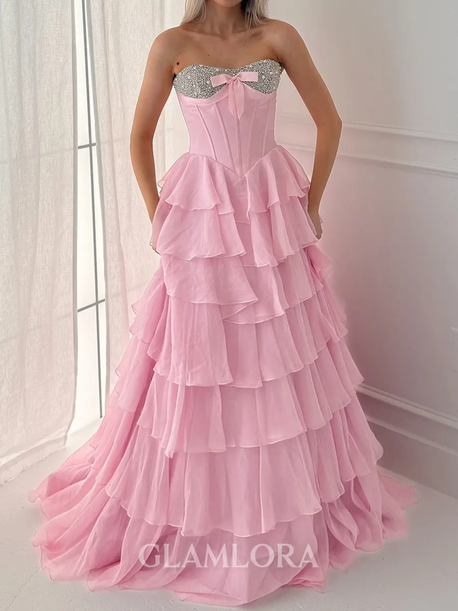 Elegant A-line Sweetheart Cascading Ruffles Sweep Train Chiffon Corset Prom Dress