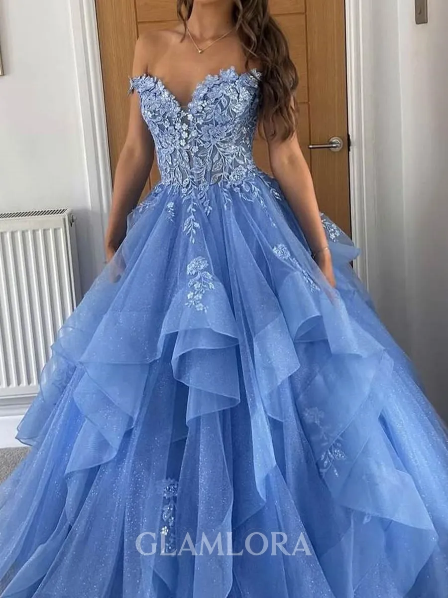 Enchanting Ball-Gown Off-the-Shoulder Appliques Lace Floor-Length Tulle Corset Prom Dress