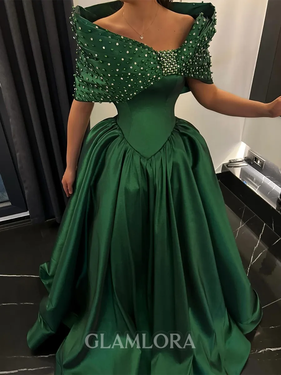 Aristocratic A-line Off-the-Shoulder Beading Floor-Length Satin Corset Prom Dress