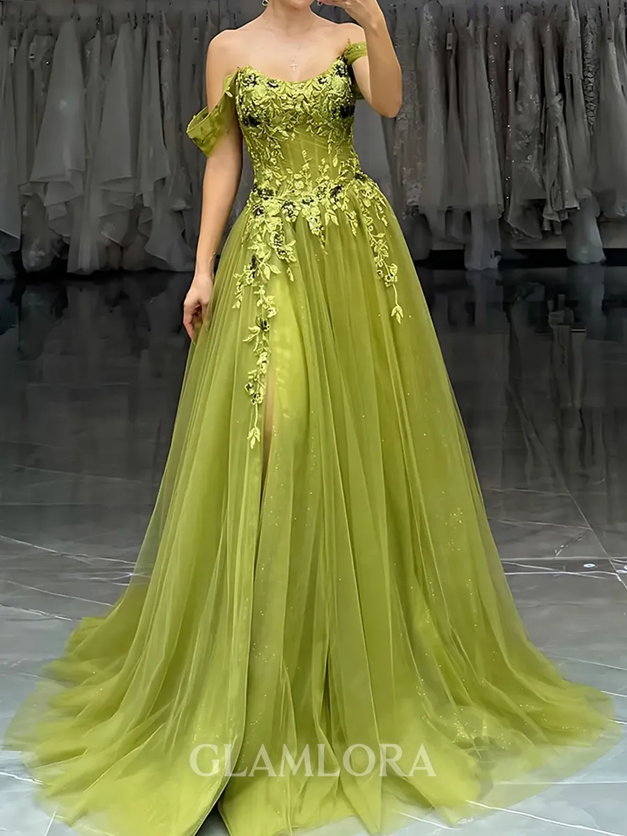 Splendiferous A-line Off-the-Shoulder Appliques Lace Sweep Train Tulle Corset Prom Dress