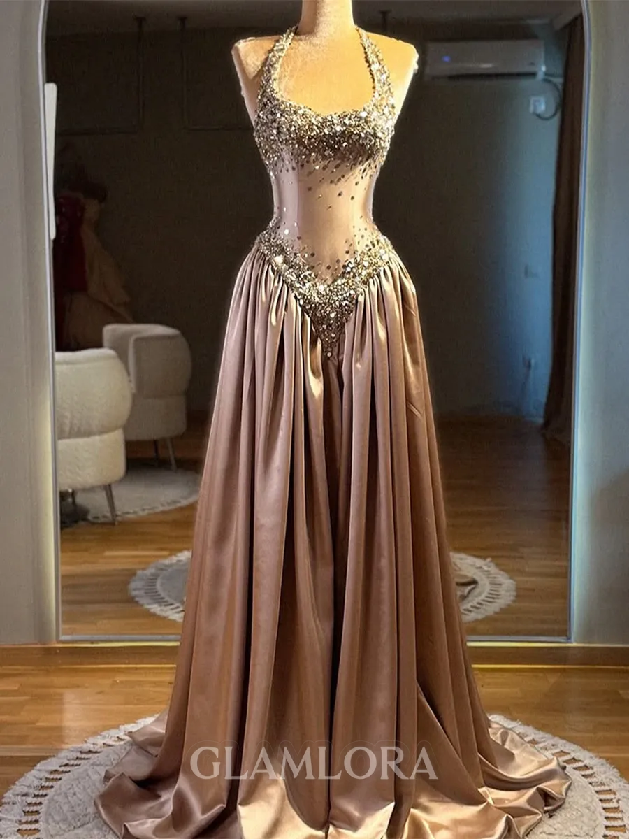 Unforgettable A-line Halter Sequin Sweep Train Silk Like Satin Prom Dress