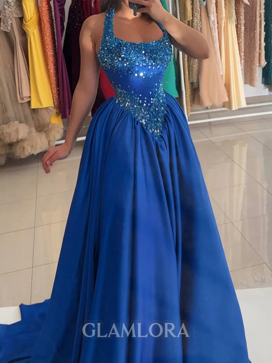 Fashion-forward A-line Halter Sequin Sweep Train Silk Like Satin Prom Dress